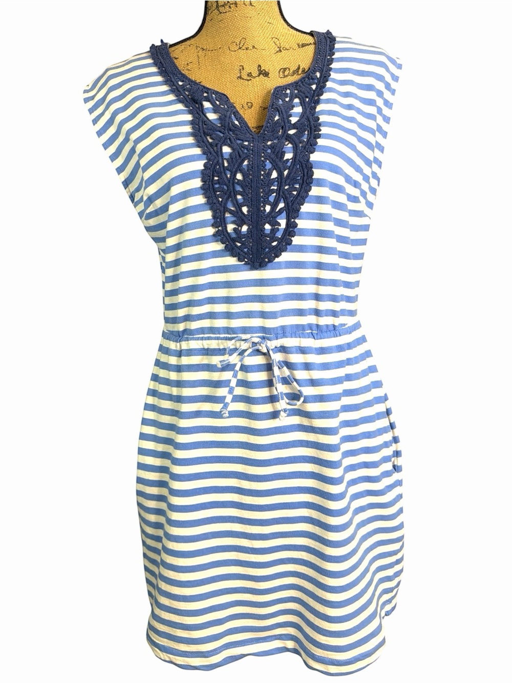 Striped Blue and White Crochet-Trim Casual Dress